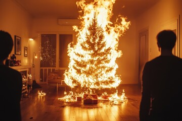 A Christmas tree engulfed in flames in a festive living room, surrounded by wrapped presents. The fire spreads through the decorated tree, creating a hazardous and chaotic scene.