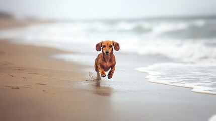 Wall Mural - A playful dog runs joyfully along a sandy beach near the ocean waves.