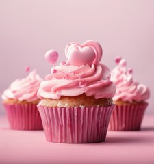 Wall Mural - cupcakes with pink frosting and hearts on top