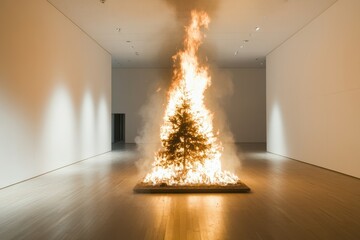 A Christmas tree engulfed in flames in a festive living room, surrounded by wrapped presents. The fire spreads through the decorated tree, creating a hazardous and chaotic scene.