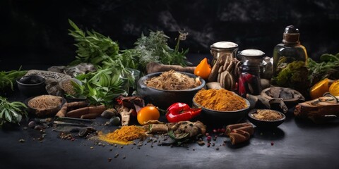 bunch spices and herbs on table