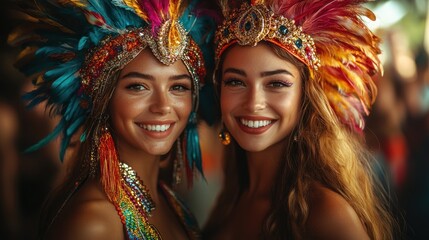 Two smiling women wearing colorful feather headdresses at a carnival or festival