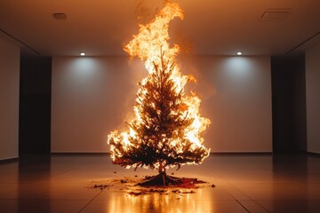 A Christmas tree engulfed in flames in a festive living room, surrounded by wrapped presents. The fire spreads through the decorated tree, creating a hazardous and chaotic scene.