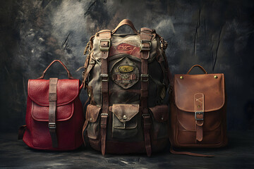 Wall Mural - Three vintage leather bags, including a large backpack, a smaller red bag, and a brown satchel, against a rustic background.