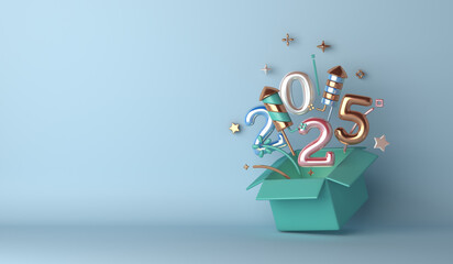 Wall Mural - Happy new year 2025 decoration background with opened gift box, balloon number, firework rocket, copy space text, 3D rendering illustration