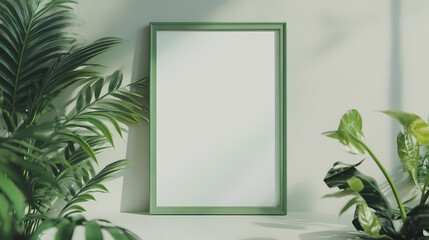 Minimalist mockup space with green poster frame surrounded by lush indoor plants. Modern and fresh decor inspiration 