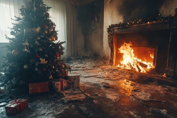 A Christmas tree engulfed in flames in a festive living room, surrounded by wrapped presents. The fire spreads through the decorated tree, creating a hazardous and chaotic scene.