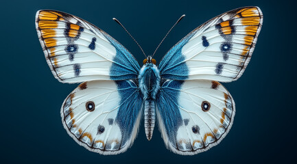 Vibrant blue and orange butterfly with detailed wings on dark background.
