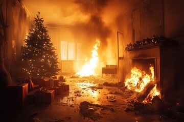 A Christmas tree engulfed in flames in a festive living room, surrounded by wrapped presents. The fire spreads through the decorated tree, creating a hazardous and chaotic scene.