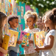 group of smiling children holding colorful books at a book fair.