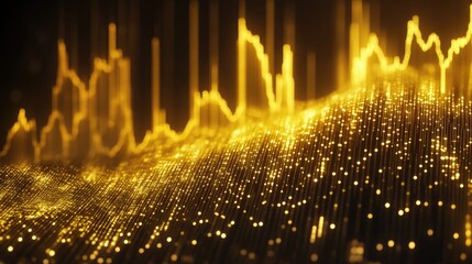 Futuristic gold price graph with glowing golden lines and data points, representing investment performance in the gold market