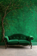 Wall Mural - A green couch is sitting in front of a green wall