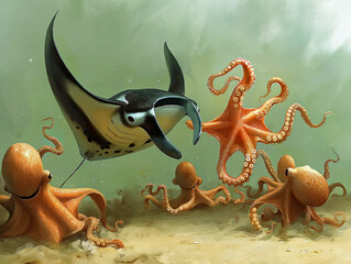 a cartoonish drawing of a manta ray and three octopuses