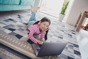 Sticker - Photo of young funny kid little brunette girl staying at home spending free time laying floor watch content using netbook isolated in her room