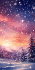 Wall Mural - snowy scene with tree and sunset