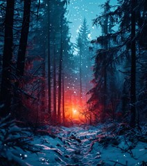 snowy forest with bright red light