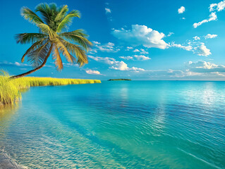 Wall Mural - A beautiful blue ocean with a palm tree in the foreground. The sky is clear and the sun is shining brightly