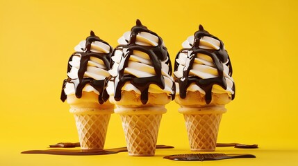 Canvas Print - Three ice cream cones with chocolate sauce drizzled over them, on a yellow background.