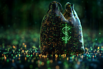 Wall Mural - Light money bag with a dollar symbol, protected by a shield, set against a dark blue background with binary code and wireframe plexus, symbolizing secure financial deposits.
