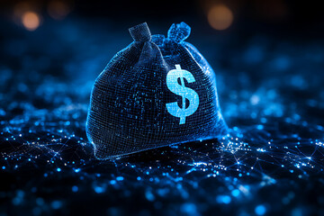 Sticker - Light money bag with a dollar symbol, protected by a shield, set against a dark blue background with binary code and wireframe plexus, symbolizing secure financial deposits.
