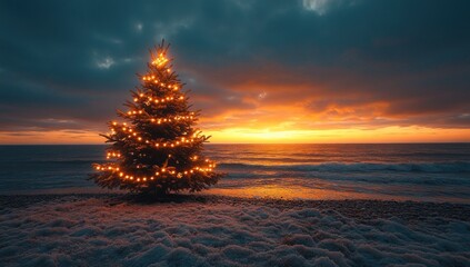 Wall Mural - Christmas Tree on the Beach at Sunset