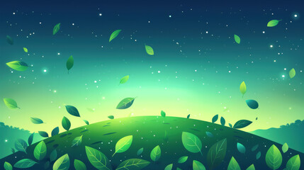 Wall Mural - A green field with leaves flying in the air