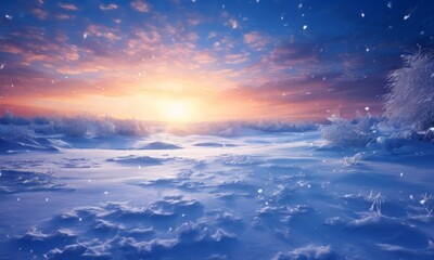 Wall Mural - snowy landscape with sunset and snow covered field