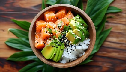 Vibrant poke bowl featuring fresh salmon, creamy avocado, and crunchy sesame seeds, embodying the essence of tropical Hawaiian cuisine