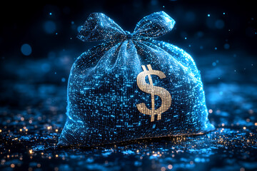 Wall Mural - Light money bag with a dollar symbol, protected by a shield, set against a dark blue background with binary code and wireframe plexus, symbolizing secure financial deposits.
