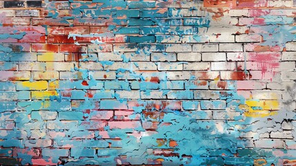 Sticker - A brick wall with peeling paint in shades of blue, red, yellow, and pink.