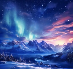 Wall Mural - snowy mountain scene with bright aurora