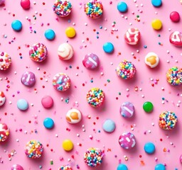 Wall Mural - colorful candis and confections on pink background