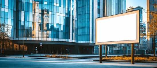 Blank white billboard standing in front of a modern glass building