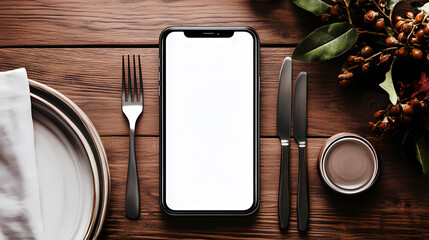 Phone mockup with blank screen on summer dinner table background.