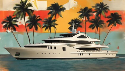 Wall Mural - Luxury Yacht Collage with Abstract Palm Trees in Retro Aesthetics for Summer Travel Inspiration