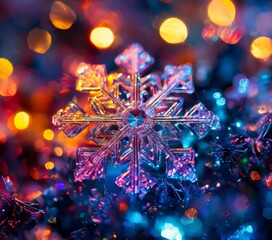 Wall Mural - snowflake with colorful lights in the background