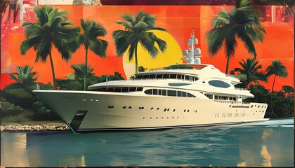 Wall Mural - Luxury Yacht Collage with Abstract Palm Trees in Retro Aesthetics for Summer Travel Inspiration