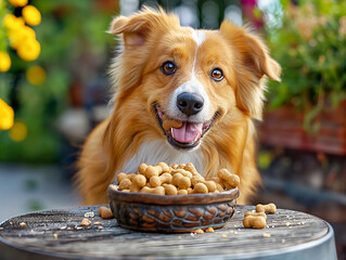 Canvas Print - A dog is eating dog food from a bowl on a table