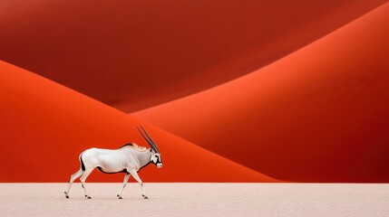 A white antelope walking across a red sand dune, AI