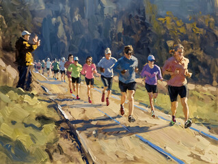 A painting of a group of runners on a track. The painting captures the energy and excitement of the runners as they race towards the finish line. The artist has used a variety of colors