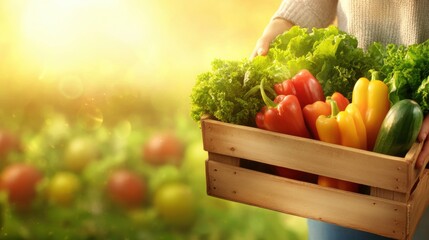 Wall Mural - A person holding a wooden crate filled with vegetables, AI