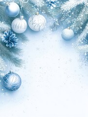 Wall Mural - blue and white winter background with fir tree branches and decorations with space for text, winter 
