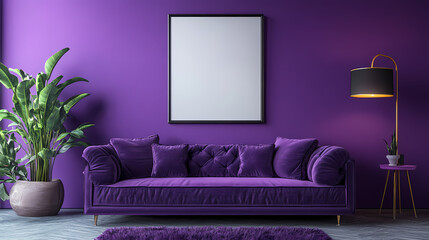 Purple walls and framed poster mockup in a modern room. This stylish living space features contemporary interior design and vibrant decor. 