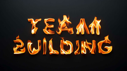 team building word made of fire flame on black background