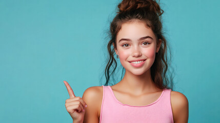 woman wear pink top look indicating at product on hand empty space isolated on blue color background. Generative AI