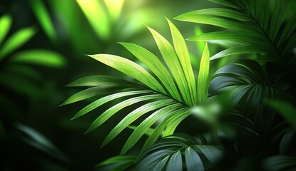 Poster - Lush Green Palm Leaves in Sunlight