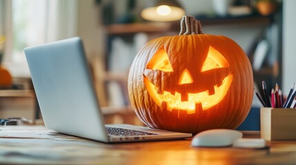 Wall Mural - Businessman working on laptop with halloween pumpkin on desk