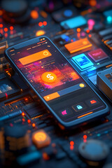 Cartoon 3D mobile app interface showing an online payment system, with animated currency symbols and secure transaction visuals.