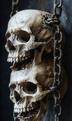 Two scary skulls hanging on metal chains on dark background