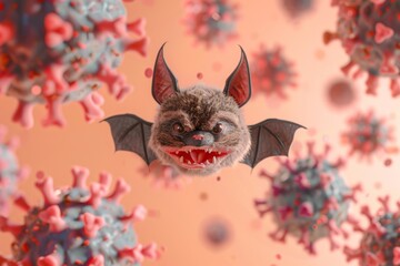 Digital artwork of virus resembling bat's head set black background. Fantasy art showing virus cute bat's head blending fear whimsy. Intersection of surreal art and biological concerns.